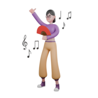 Expressive Cartoon Dance 3D Character. A female dancer is standing surrounded by notes while her hands are pointing ib. Dynamic png