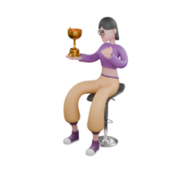 Engaging 3D Dancer Character. a female dancer sits on a bar stool with her right hand holding a tropihy and her left hand raised in front of her chest while holding. Cartoon Style png