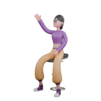 Vibrant Dancer Cartoon 3D Model. a female dancer is sitting on a bar stool with her right hand raised upwards while her left hand is on her thigh. Animated Performer png