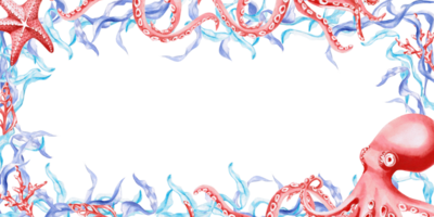 Rectangular frame with octopus, seaweed and stars. Isolated illustration on the theme of the underwater world for textile design, holidays with a marine theme, printing, restaurants png