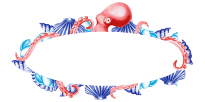 Oval frame with octopuses and shells. Isolated illustration on the theme of the underwater world for textile design, tableware, holidays with a marine theme, printing, restaurants png