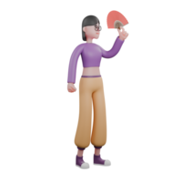 Energetic 3D Dancer Model. a female dancer stands with her left hand holding up an open fan. Cartoon Movement png