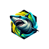 Creative logo design of shark with sharp teeth in a blue and yellow circle. png