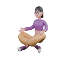 3D Cartoon Character of Dancer. A female dancer sits cross-legged on the floor facing right with both palms on her knees. Dance Talent png