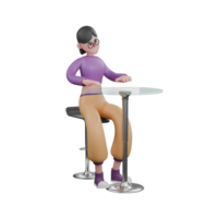Expressive Cartoon Dance Performer. A female dancer sits behind a cafe table, hands on the table, head on tilt slightly with a confused expression. 3D Model png