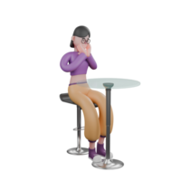 3D Dance Artist Model. A female dancer is sitting behind a table with a mirror facing the left corner and her hands holding her chin with a toothache expression. Performer Design tikar gulung png