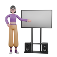 3D Animated Dancer Character. A female dancer is standing next to the television with her right hand on her waist and her left hand pointing at the television. Performance Artist png
