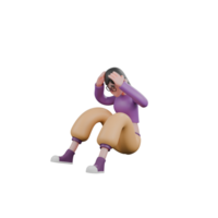 Expressive Dance Cartoon. A female dancer sits with both hands holding her head with a tired expression. 3D Character png