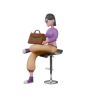 Colorful Cartoon Dancer. A female dancer is sitting on a bar stool with her left leg on top of her right leg while holding a briefcase on her lap. 3D Movement Model png