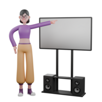 Dynamic Dancer in Cartoon Style. A female dancer stands beside a white screen, hands pointing at the screen with a happy expression. 3D Model png