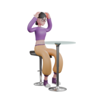 3D Animated Dance Artist. A female dancer sits on a bar stool facing to the left while both hands holding her head and in front of her is a round table, her expression is confused. Performance png