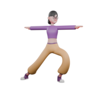 Cartoon Style Dance Performer. A female dancer is standing with her right leg open straight back and the left one bent forward and both hands stretched out to the side. 3D Animation png
