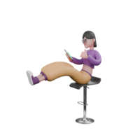 3D Dance Performer Character. A female dancer sits on a bar stool facing right with her legs together and raised and both hands on her head. Animated Performer png