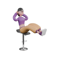 Animated 3D Dancer Character. A female dancer sits on a bar stool facing left with her legs together while raised and both hands on her head. Performer Design png