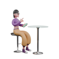 3D Cartoon Dancer Character. A female dancer sits behind a cafe table, left hand holding a cellphone and right hand pointing up. Fun Performer png