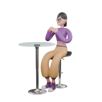 Dancer in 3D Design. A female dancer sits on a bar stool with both hands clasped in front of her chest and in front of her is a round table. Dance Character png