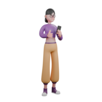 Engaging 3D Cartoon Dancer. A female dancer stands holding a cellphone in her hand with a serious expression. Animation Ready png