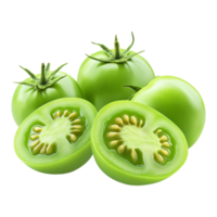 Whole and half slice fresh heap green tomatoes isolated on transparent background png