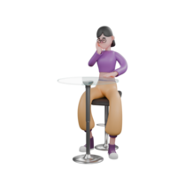 Cartoon Dance Artist in 3D. A female dancer is sitting on a chair behind a glass-covered table and her hand is holding her chin and the left hand on the table is a toothache expression. png