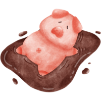 Happy farm water color cute animals collection, Pigs sleeping in a mud pit png