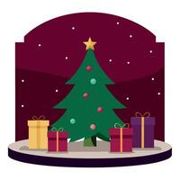 Backdrop for studio photo. christmas tree and gifts on burgundy background vector