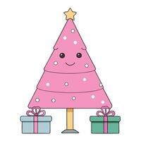 A pink christmas tree with presents under it on a table. vector