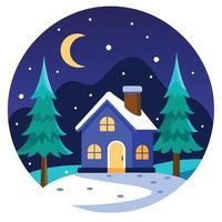 Winter house with snow and trees on a snowy night vector