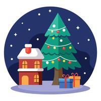 Decorated christmas tree in the night with gifts in front of a snow covered house vector