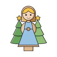 Wood figurine of an christmas angel in front of an bokeh background with a christmas tree vector