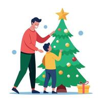 Father and son arranging decorations on Christmas tree with blurred background vector