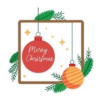 Merry christmas hanging frame on top with christmas ball and christmas tree branches vector
