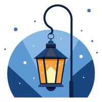 Glowing Lantern Hanging on Shepherd's Hook in a Snowy Winter Evening vector