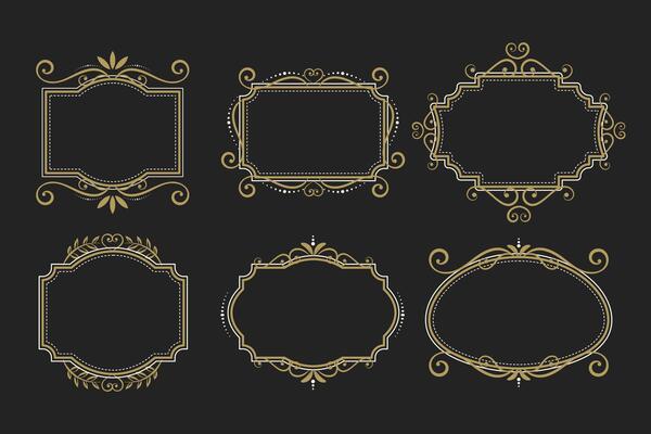 Elegant set of floral, patterned vintage retro frames on black background . illustration