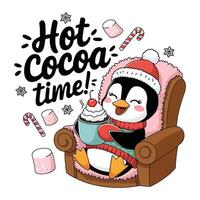 Kids t shirt design with cartoon penguin in chair enjoying hot cocoa with Hot Cocoa Time above vector