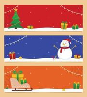 Christmas banner template collection with flat design and empty space for text. Christmas banner set with snowman, pine tree, and gift boxes vector