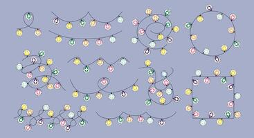 Set of light bulbs on a white background. Sparkling Christmas fairy light garland strings. LED lamp decorations for New Year parties vector