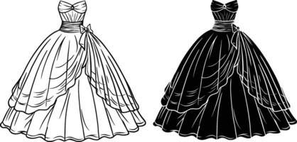 Corset bodice with strapless sweetheart neckline, seam at waist, back zip clasp, flared skirt with pleats. vector