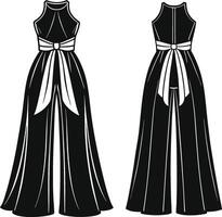 drawing template, open back, pockets, back zipper, front and back view, grey, women. vector