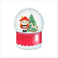 Christmas red snow globe with nutcracker, christmas tree and horse. Watercolor Illustration vector