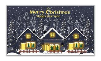 a black house in winter in the night with mountain view and snow in collection for christmas editable template greeting card template, landscape christmas background vector