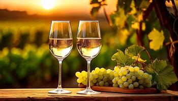 Table with white wine, grapes, and glasses. Glasses of white wine with miniature wine barrels on the wooden table with grape berries on background of vineyards. Wine tasting, degustation. photo