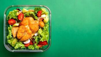 Top view glass square container with fresh salad, chicken, and eggs on a green background. A clear box holds vibrant greens, juicy tomatoes slices. Copy space, close up. photo