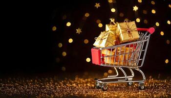 Shopping cart with gift boxes on dark background with golden lights and stars. Online shopping and shipping concept. Shopping cart and post boxes on white background. Mini red blank trolley. photo