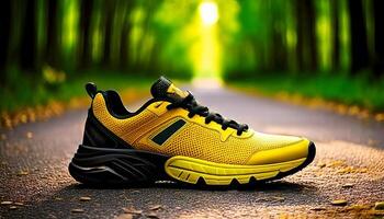 Stylish yellow and black sneaker on a path with trees, enhancing the copy space. Men's hiking shoe isolated on yellow background. Side view active lifestyle men's sneakers. photo