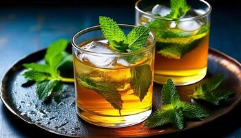 Refreshing herbal tea made with wildflower dead nettle and ice cubes. Perfect copy space image. Herbal flower Deaf nettle ice tea, infused aromatic cold drink with dead nettle wildflower and ice cubes photo