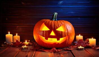 Pumpkin with a sinister, glowing face on a wooden table. Glowing carved pumpkin with lit eyes, nose, and mouth, set against a dark background and candles on either side. Halloween-themed designs. photo
