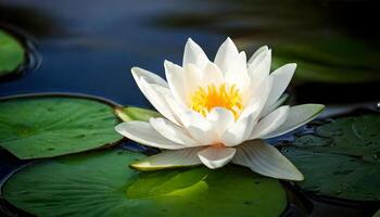 White water lily in its natural habitat, symbolizing purity with ample copy space. Close up. Waterlily in pond water. Water lily. White water lily. Water lily in summer pond. photo