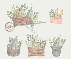 Collection of wooden objects with pumpkins, mushrooms and branches. Watercolor illustration. Autumn botanical pictures for Thanksgiving. Hand drawn isolated art. Vegetables in cart, bucket and box vector