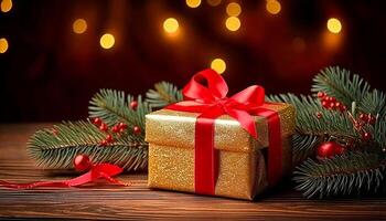Christmas wrapped present on a table with fir tree branches and decorations close up. Rustic winter composition. Beautifully wrapped Christmas gift adorned with a red ribbon and a sparkling bow. photo