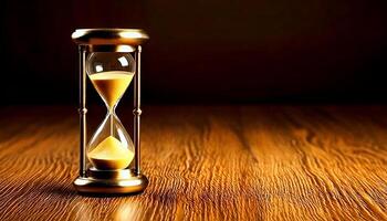 Hourglass with flowing sand on wooden table against dark background, space for text. An hourglass on a wooden surface depicting the passage of time with space for messages or creative ideas. photo